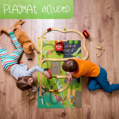 Miniatura 3 de KipiPol Juego de vías de tren de madera - 52 piezas+mapa de ferrocarril adicional - Compatible con todas las principales marcas de juguetes