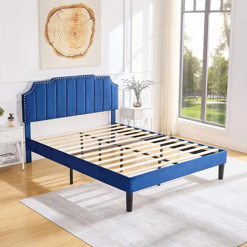 Miniatura 7 de VECELO Base de cama tamaño matrimonial tapizada con cabecera ajustable copetuda/base de colchón con soporte de listones de madera, fácil montaje