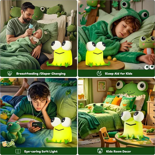 Miniatura 5 de FAMIDUO Linda luz nocturna de rana, lámpara LED de silicona esponjosa novedosa de animales, luz nocturna para guardería a 3 niveles con Verde
