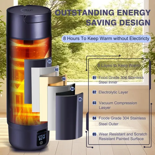 Miniatura 2 de Hervidor eléctrico portátil con aislamiento al vacío, vaso de acero inoxidable Miicasa, hervidor eléctrico pequeño, caldera de agua de viaje con 6