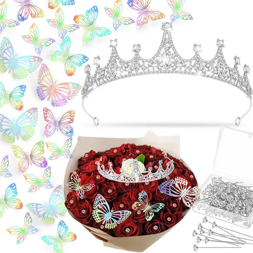 Miniatura 7 de 113 accesorios para ramo de flores, incluyen diadema de 5.5 x 2 pulgadas, corona elegante de princesa para mujer, alfileres de ramo y mariposas 3D