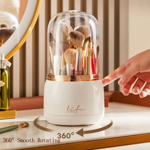 Miniatura 3 de Organizador de brochas de maquillaje rosa con tapa giratoria de 360 grados [2023] Organizador de brochas de cosméticos transparente para tocador