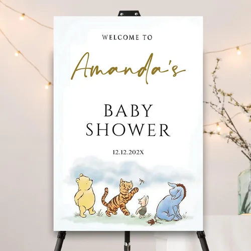 Miniatura 8 de Letrero personalizado para baby shower de oso Pooh, diseño clásico de vegetación personalizada, letrero de bienvenida para patio de baby shower