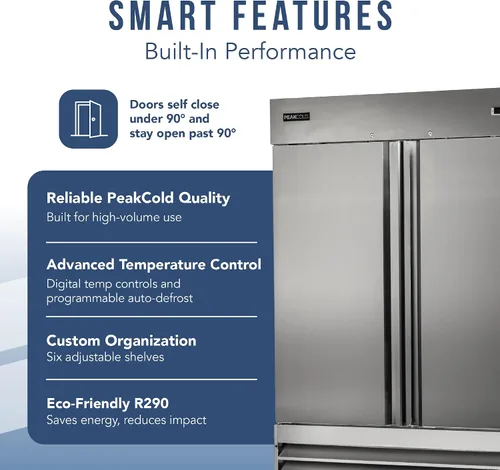 Miniatura 4 de PEAKCOLD by Iron Mountain - Alcance comercial de 2 puertas en refrigerador de acero inoxidable, interior blanco; 47 pies cúbicos, 54 pulgadas