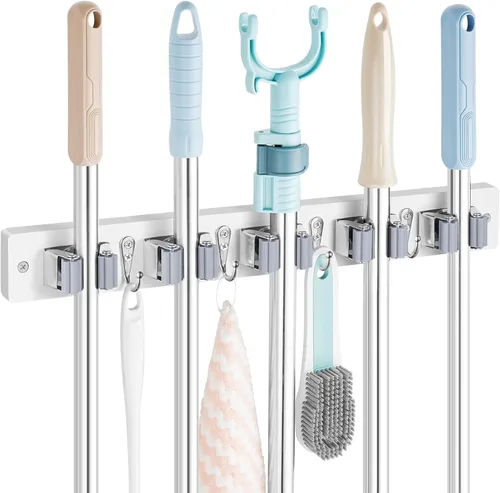 Miniatura 12 de OUTNILI Soporte de Pared Negro para Escoba y Trapeador con 4 Ranuras y 4 Ganchos - Colgador de Escoba y Trapeador de Madera Rústica para Despensa