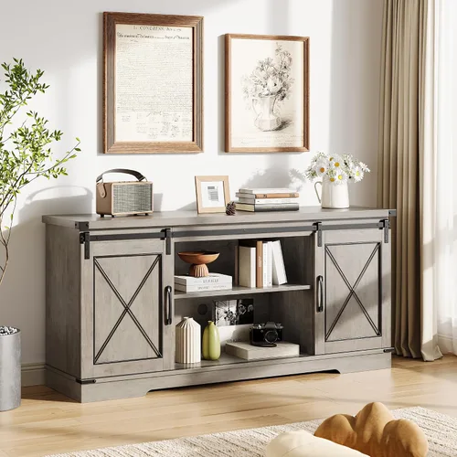 Miniatura 6 de GarveeHome Soporte de TV de granja para TV de hasta 65 pulgadas y centro de entretenimiento con puertas corredizas de granero y estante ajustable