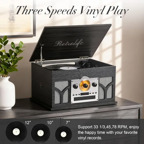 Miniatura 6 de Tocadiscos 10 en 1 con altavoces incorporados, reproducción inalámbrica, reproductor de CD y cassette, reproductor USB, radio AM/FM, tocadiscos de 3