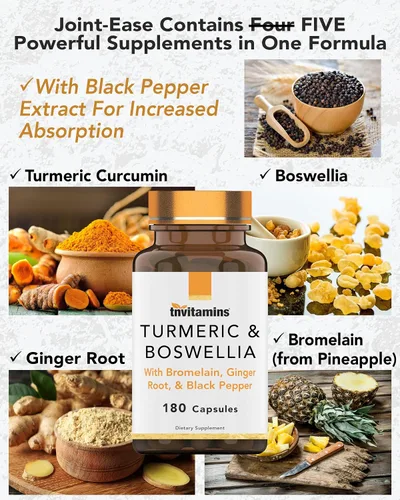 Miniatura 4 de tnvitamins Complejo de cúrcuma y boswellia (180 cápsulas) con raíz de jengibre, bromelina y extracto de pimienta negra Fórmula Joint-Easy: Potente