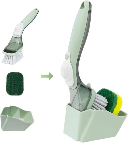 CQT Juego de almacenamiento de cepillos para platos dispensadores de jabón, limpiador de platos con asa, cepillo de lavado de cocina para limpieza