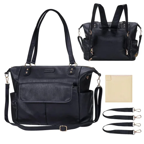 Miniatura 8 de Bolsa de pañales de cuero a la moda con 13 bolsillos para mamá papá, bolsa grande de viaje para bebés para niños y niñas con 3 bolsillos aislados