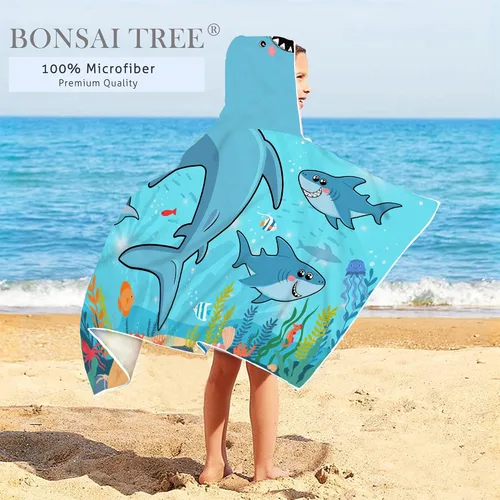 Miniatura 7 de Bonsai Tree Toalla de playa con capucha de tiburón para niños, toalla de baño con capucha de peces marinos frescos para niños, divertidos animales