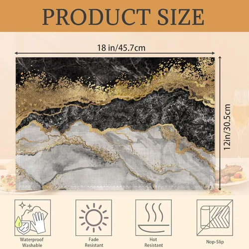 Miniatura 2 de Juego de 6 manteles individuales de mármol negro y dorado, lavables para mesa de cocina, comedor, resistentes al calor, para decoración de fiestas
