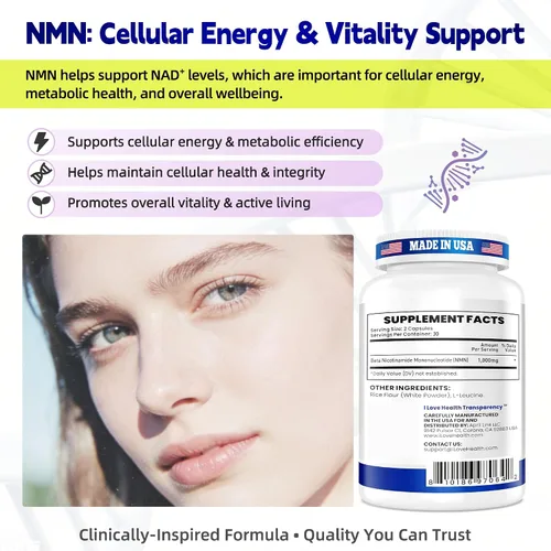 Miniatura 7 de Suplemento NMN de 1000 mg por porción, 99.9% mononucleótido de nicotinamida pura, NAD+ apoya la energía celular y el envejecimiento saludable