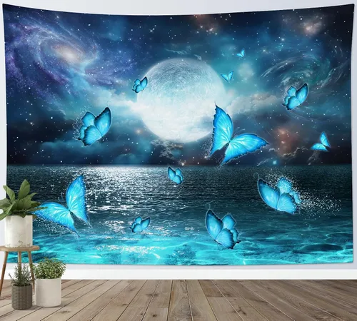 Miniatura 17 de LB Tapiz pequeño de luna llena sobre océano, tapiz psicodélico de mariposa verde azulado, tapiz de cielo nocturno estrellado y luna y estrellas