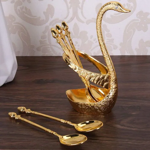 Miniatura 4 de Kit de cuchara de café con soporte en forma de cisne de aleación de zinc y 6 cucharas de café de acero inoxidable, juego de cucharas de comida