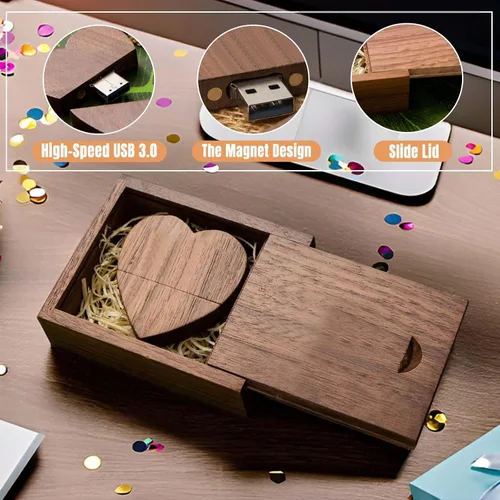 Miniatura 4 de Unidad flash de madera en forma de corazón 32GB USB3.0 con caja de regalo, unidad USB de madera 32G USB 3.0 Super-Speed JumpDrive caja de madera