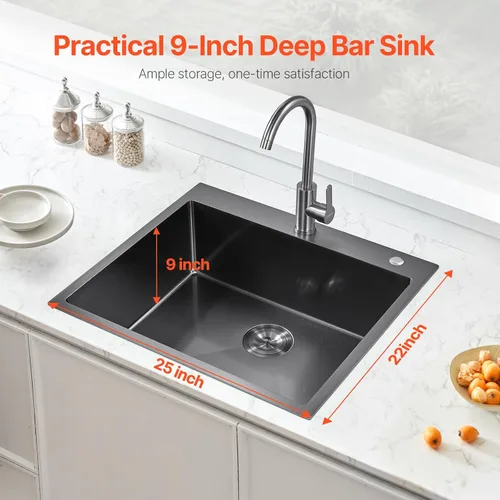 Miniatura 2 de VEVOR Fregadero de cocina empotrado de 25" con profundidad de 9" Fregadero de cocina de montaje superior de un solo tazón Fregadero de acero