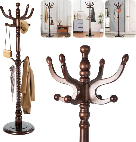 Miniatura 13 de Perchero de madera maciza – Perchero independiente de 73 pulgadas con 14 ganchos y base estable, altura ajustable, moderno árbol de madera