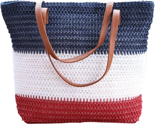 Miniatura 87 de Bolso grande de paja para mujer, tejido de ratán, bolso de playa de verano, a rayas