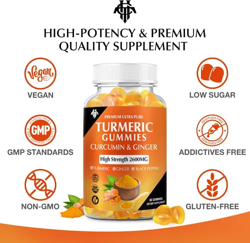 Miniatura 7 de Gominolas de Cúrcuma y Curcumina (1 Paquete) - Suplementos de Cúrcuma y Curcumina con Jengibre y Pimienta Negra para el Apoyo al Sistema