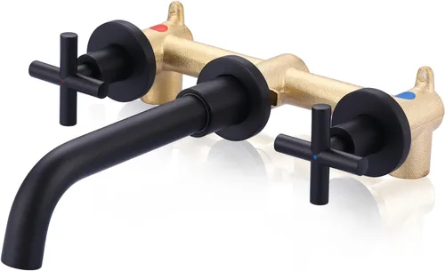 Miniatura 15 de ARCORA Grifo de baño de montaje en pared, negro mate, grifo de lavabo de baño de una sola manija montado en la pared, válvula empotrada incluida