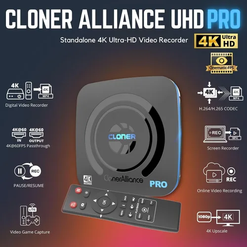 Miniatura 2 de ClonerAlliance UHD Pro, grabadora de video 4K, DVR de captura HDMI con códec H.265/H.264, grabación cinemática de 4K a 24 fps (hasta 4K @30 fps),