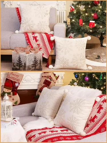 Miniatura 8 de Lewondr Fundas de almohada decorativas de Navidad, bordado de copos de nieve 16x16, fundas de almohada para el hogar, Navidad dorada, decorativas