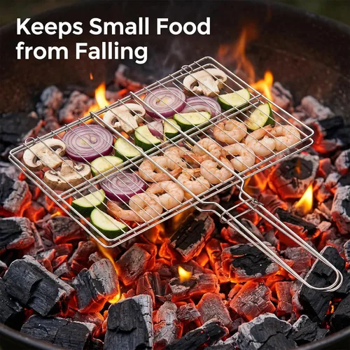 Miniatura 6 de Cesta de acero inoxidable para barbacoa al aire libre, rejilla de parrilla con cerradura resistente para pescado, verduras, carne, camarones, carne