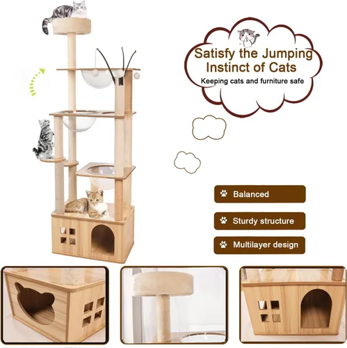 Miniatura 3 de Árbol de madera para gatos de 66.8 pulgadas con condominio para gatos, escaleras para gatos, 3 cuencos, juguetes, postes rascadores de sisal