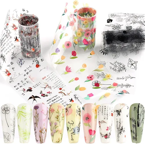 Miniatura 4 de Kit de 10 rollos de calcomanías de transferencia de papel de aluminio para uñas, diseño de pintura de tinta de bambú, láminas de papel de aluminio