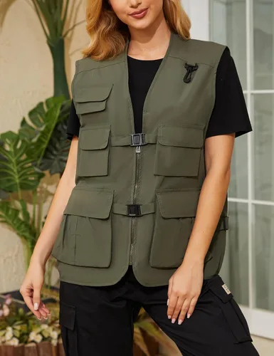 Miniatura 3 de Wyeysyt Chaleco de pesca para mujer, chaleco de viaje para trabajo al aire libre con múltiples bolsillos