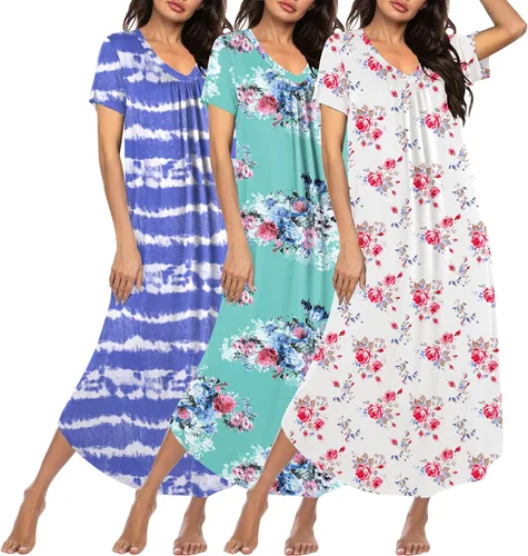 Miniatura 23 de Ekouaer Paquete de 3 camisones largos para mujer, talla grande, vestido de casa de manga corta, cuello en V, camisón casual, M-5XL