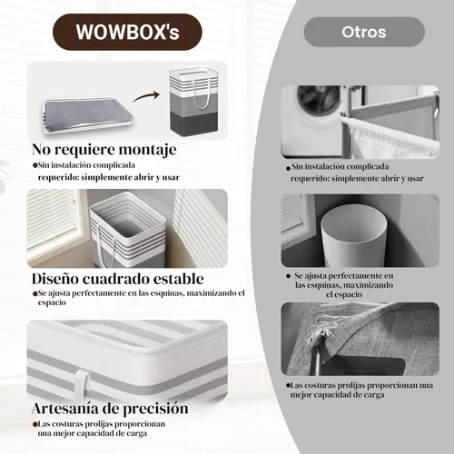 Miniatura 5 de WOWBOX Paquete de 2 cestas de lavandería, cestas de ropa sucia independientes con asas reforzadas y punto de cruz y revestimiento impermeable