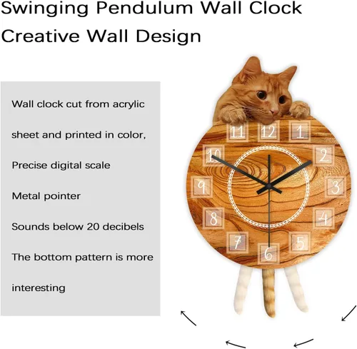 Miniatura 4 de Reloj de gato con cola móvil, reloj de pared oscilante de péndulo de gato, silencioso, sin tictac, funciona con pilas, fácil de montar, reloj