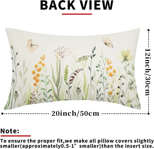 Miniatura 3 de Kawani Fundas de almohadón lumbar florales para primavera y verano de 12x20 pulgadas, flores silvestres amarillas y hojas verdes con mariposas