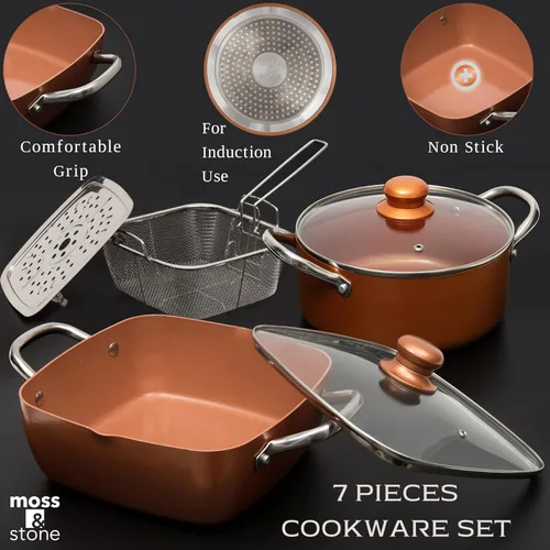 Miniatura 2 de Moss & Stone 7 piezas de utensilios de cocina de chef de cobre, sartén antiadherente de 9.5 x 3.5 pulgadas, cesta para freír, apta para lavavajillas