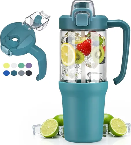 Miniatura 18 de Vaso de vidrio con asa de transporte, botella de agua de vidrio transparente con tapa a prueba de fugas, tapa de boquilla y popote, sin BPA, 32
