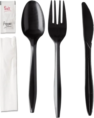 250 paquetes de cubiertos de plástico - Juego de cuchillo, tenedor, cuchara, servilleta, sal y pimienta | Juegos de cubiertos plateados negros