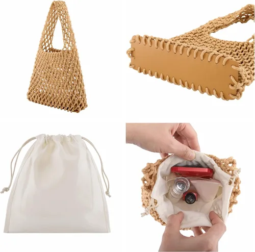 Miniatura 5 de Ayliss Mini bolso de mano para mujer, de algodón, ganchillo, asa superior, cordón para playa, tejido de red, bolsa de red de pesca