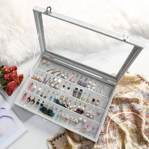 Miniatura 4 de Wuligirl - Joyero organizador de terciopelo para aretes, collares y pulseras con tapa transparente de exhibición, almacenamiento de joyas