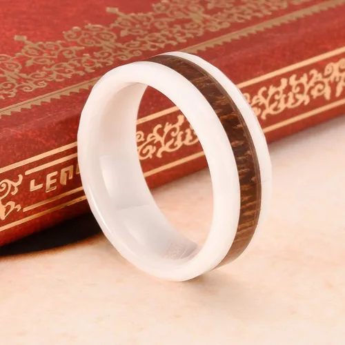 Miniatura 18 de THREE KEYS JEWELRY 6,8mm Black/White Ceramic Wedding Ring with Real Koa Wood Inlay Flat Top Wedding Band Engagement Ring Comfort Fit Size 4-16