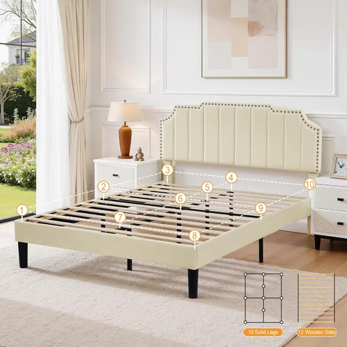 Miniatura 6 de VECELO Base de cama tapizada de terciopelo tamaño Queen con ribete de clavos, cabecera ajustable en altura copetuda, cama vintage con listones