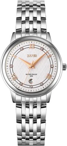 SKMEI Watches for Women Fashion Dress Diamond Ladies Small Wrist Watch Two Tone Stainless Steel Waterproof Day Date Analog Quartz Female Watches