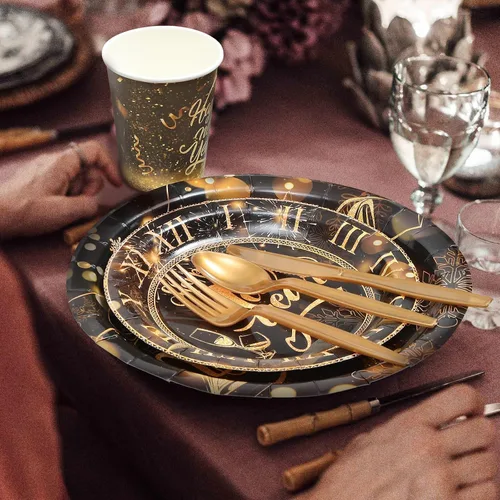 Miniatura 7 de Toyvian Suministros para fiestas de Año Nuevo 2026, platos de papel desechables, servilletas, tenedores, vasos, decoraciones de cena, platos de Año