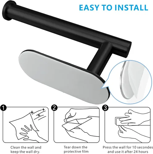 Miniatura 6 de Soporte para papel higiénico autoadhesivo, sin taladrar para baño, baño, baño, soporte de pared, acero inoxidable (negro)
