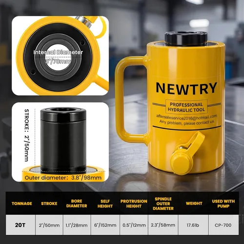 Miniatura 3 de NEWTRY Gato hidráulico hueco de 20 toneladas con cilindro de 2’’ de carrera Porta Power Ram de elevación industrial con retracción automática
