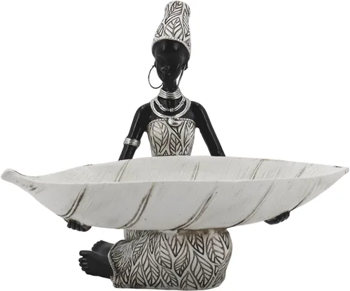 Lescafita - Figura de mujer africana en resina, cuenco decorativo con hojas blancas, estatua de arte tribal boho para almacenamiento de joyas y