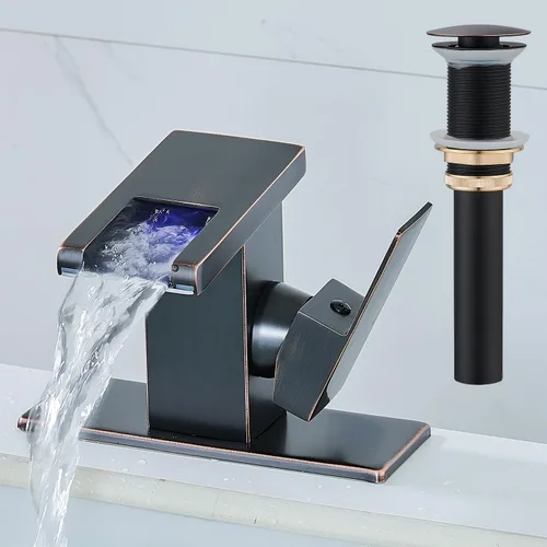 Miniatura 13 de AVSIILE Grifo LED para Lavabo de Baño, Cascada de Níquel Cepillado Mango de Un Solo Orificio Grifos de Tocador para Lavabos 1 Orificio con Desagüe