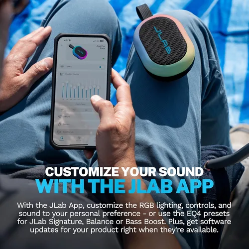 Miniatura 7 de JLab, Partido pop, altavoz Bluetooth portátil, impermeable IP55, LED RGB personalizable, negro