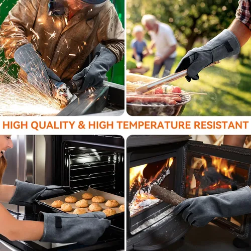 Miniatura 5 de Guantes de soldadura Mig/Stick resistentes al calor de 932 °F de cuero de vaca de 14 pulgadas, guantes de barbacoa de manga larga y forro aislado